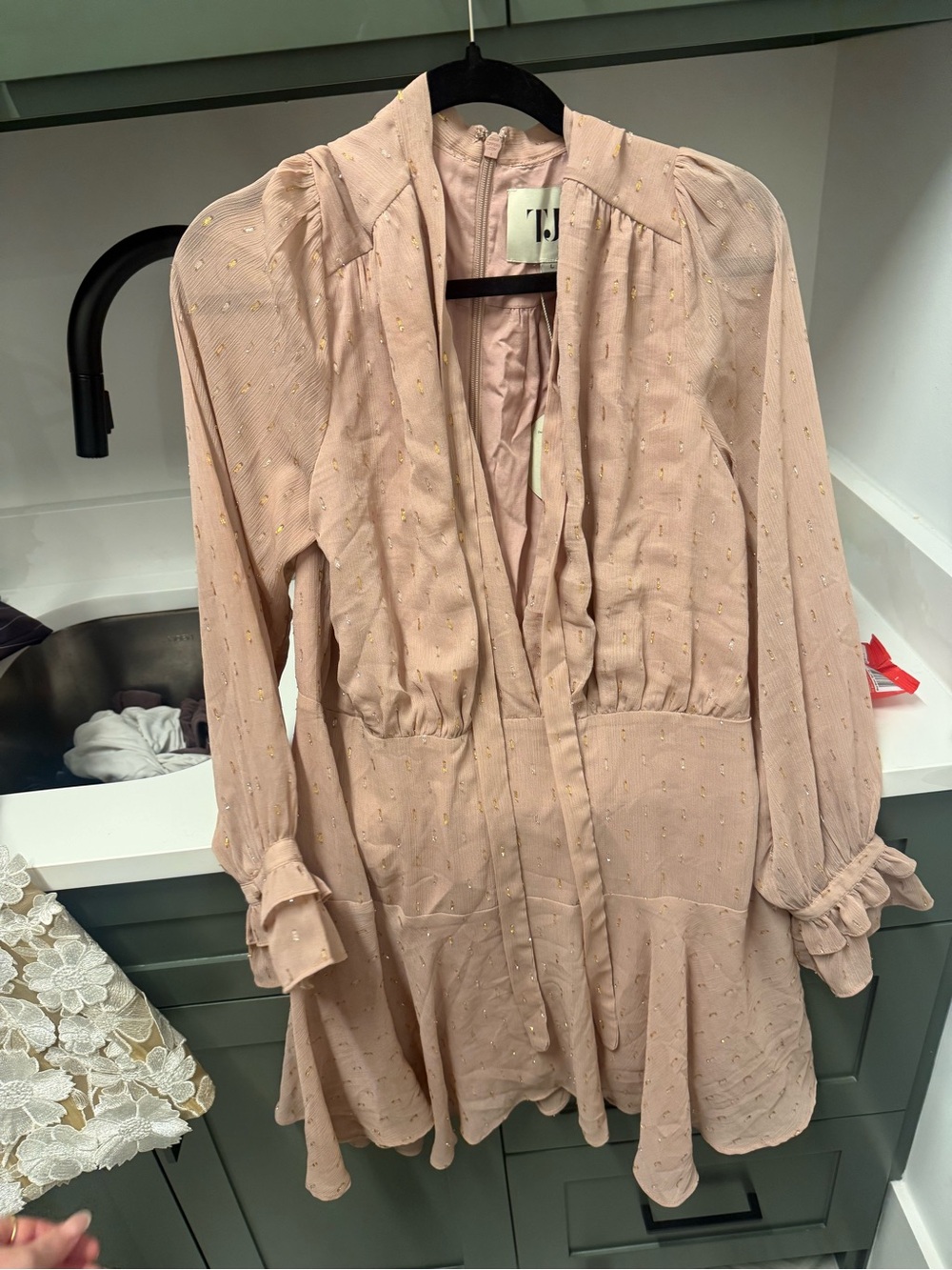 T&J Designs Dusty Blush Long Sleeve Ruffle Tiered Dress with Gold Dot Accents